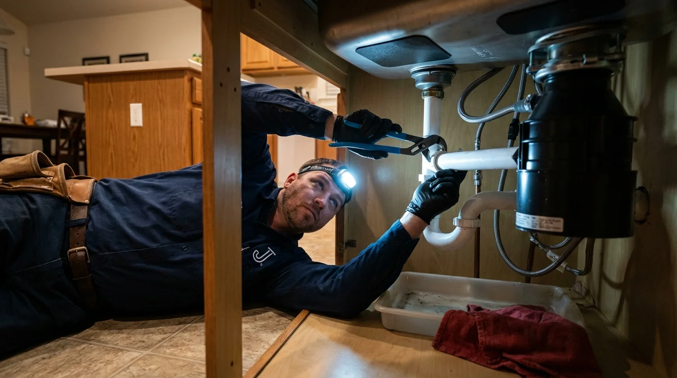 P-trap and supply line connections under a kitchen sink showing a common leak point in Mendota, IL